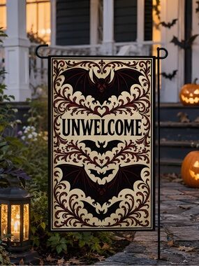 ❤️ Unwelcome Halloween Garden Flag Funny Black Red Banner Decorations Bat Art